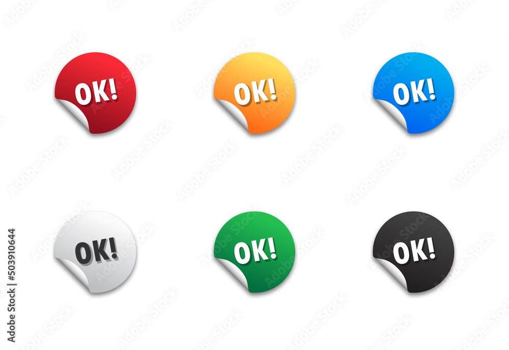 Ok! text sticker set. Round color badges with shadow. Vector illustration. Ok! text sticker set. Round color badges with shadow. Vector illustration.