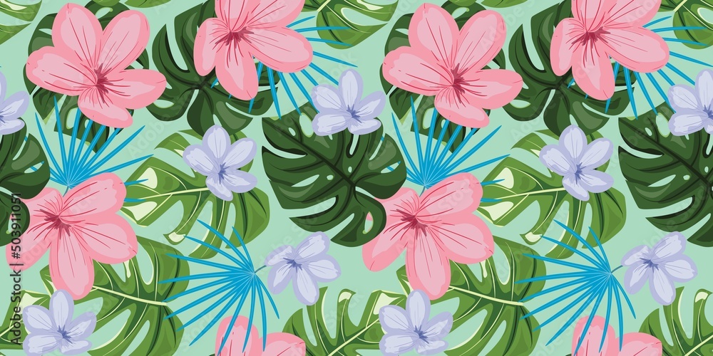 Tropical floral background with leaves and flowers. Seamless floral pattern with frangipani flowers and monstera leaves on green background. For textile, paper, wrapping paper, packaging. Tropical floral background with leaves and flowers. Seamless floral pattern with frangipani flowers and monstera leaves on green background. For textile, paper, wrapping paper, packaging.