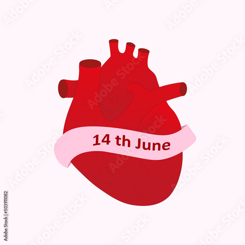 World Blood Donor Day. Emblem with image of red heart on pink background. Medical sign on June 14. Vector illustration.