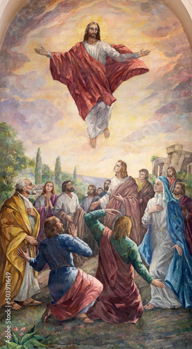 VALENCIA, SPAIN - FEBRUAR 14, 2022: The painting of Ascension of Lord in the church Iglesia San Francisco de Borja by Miguel Vaguer (1973).