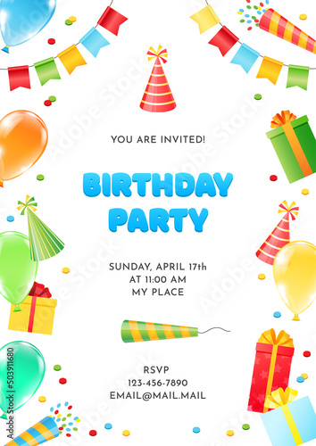 Birthday invitation card template for children party. Colorful frame of cartoon objects: gift boxes, balloons, firecrackers, birthday hats and banting flags on a white background. Vector 10 EPS. photo