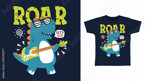 Cute dinosaurs with guitar cartoon tshirt art design