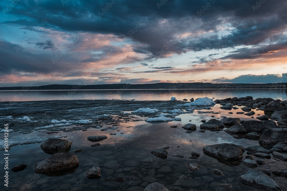 View of Onega Lake at sunset in Medvezhjegorsk