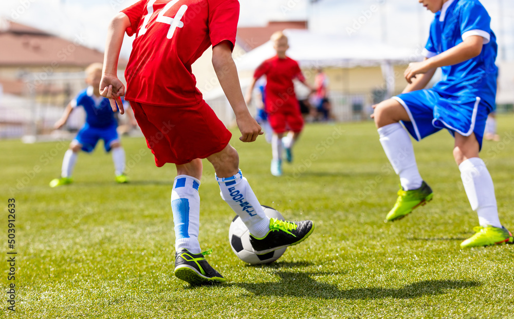 Youth Junior Athletes in Red and Blue Soccer Shirts. Sports Education. Kids Football Players Kicking Ball on Soccer Field. Sports Soccer Horizontal Background. Spectators on Stadium in the Background. Youth Junior Athletes in Red and Blue Soccer Shirts. Sports Education. Kids Football Players Kicking Ball on Soccer Field. Sports Soccer Horizontal Background. Spectators on Stadium in the Background.