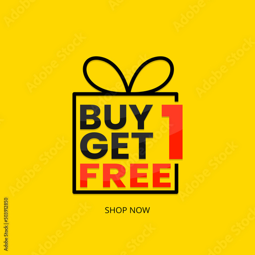 Buy 1 Get 1 Free banner. Text in gift box design. Sale discounts banner