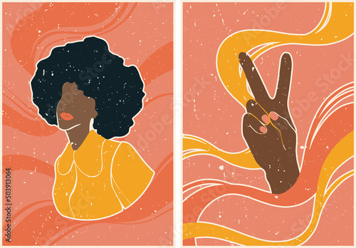 Set of posters in retro style with young frican woman and peace sign with hands. Posters on the background of abstract waves. Psychedelic wallpaper. Colorful vector art design. 60s, 70s, hippies.
