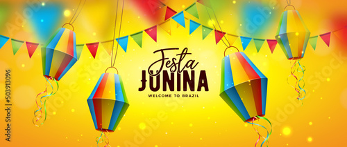 Festa Junina Illustration with Party Flags and Paper Lantern on Yellow Background. Vector Brazil June Sao Joao Festival Design with 3d Lettering for Greeting Card, Banner, Invitation or Holiday Poster photo