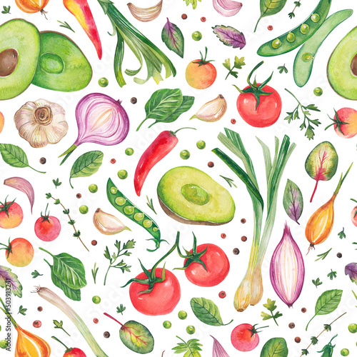 Fototapeta Naklejka Na Ścianę i Meble -  Watercolor illustration of vegetables. Seamless pattern on a white background. A set of vegetables: tomatoes, avocado, garlic, hot pepper, onion, green peas and herbs. Fresh organic products.