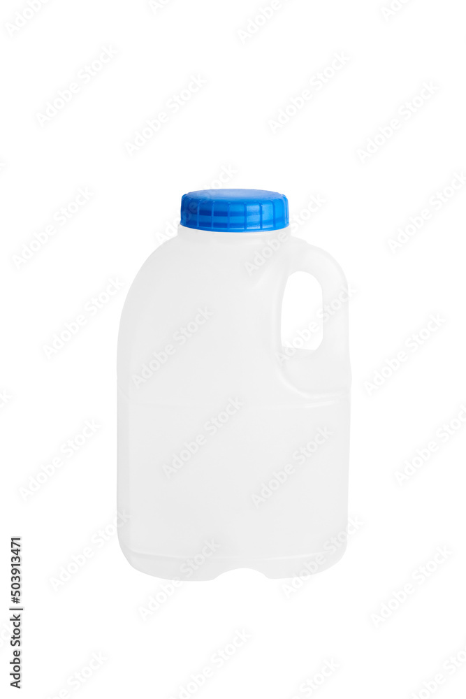 Plastic bottle of milk. Half a pint of milk. Plastic canister with blue lid 500 ml. Side view. Isolated on a white background. Plastic bottle of milk. Half a pint of milk. Plastic canister with blue lid 500 ml. Side view. Isolated on a white background.