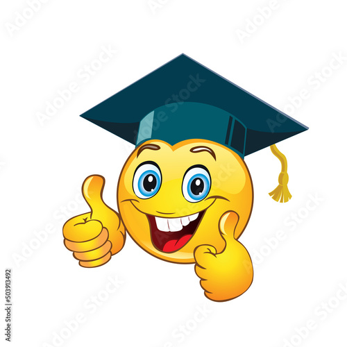 Funny positive emotiñon in school graduation cap. Vector on transparent background