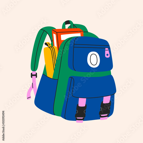 Backpack with study supplies and stationery, back to school. Colorful schoolbag with textbooks, pencil-box. Hand drawn vector illustration isolated on white background. Modern flat cartoon style.