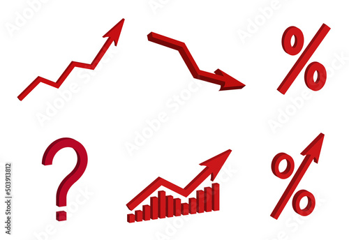 Set of 3d red business sign isolated on white background. Grow up and down arrow symbol, percent, percentage, interest rate, question mark. Bar charts and graphs. Inflation concept. Icon. Vector.