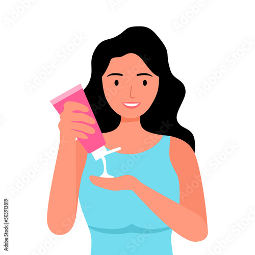 Woman applying moisturizing cream on palm in flat design. Skin care beauty product.