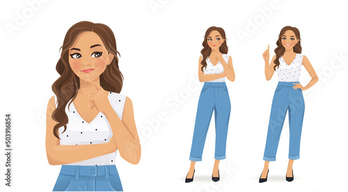 Young woman with curly hairstyle thinking looking away and making idea pointing up isolated on white background vector illustration