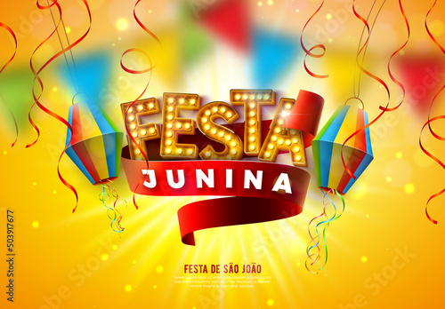 Festa Junina Illustration with Light Bulb Billboard Lettering, Paper Lantern and Ribbon on Sun Yellow Background. Vector Brazil June Saint John Festival Design for Greeting Card, Banner or Holiday