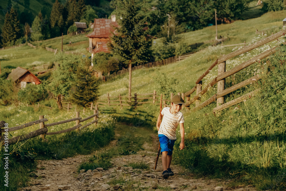 A boy walks along a dirt road in a village in the summer in the Alpine mountains.
