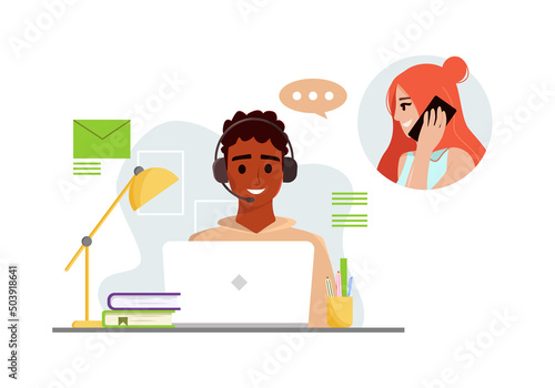 Black man working with laptop, home office, freelancer. Customer service. Support. A young woman called the call center.  Vector cuute Illustration in cartoon style.