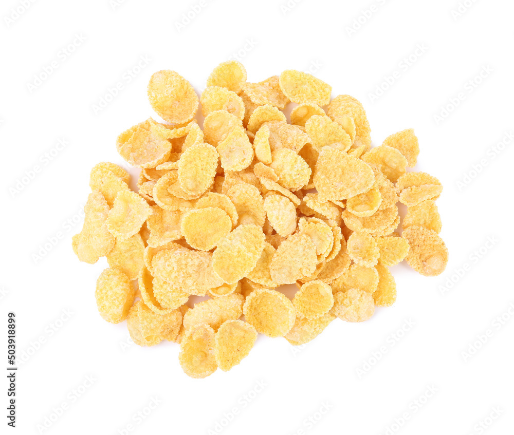 Pile of tasty cornflakes on white background, top view. Healthy breakfast cereal Pile of tasty cornflakes on white background, top view. Healthy breakfast cereal