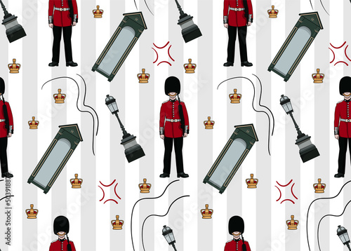 Seamless pattern of British Royal Guardsman at Palace in London in a box. photo