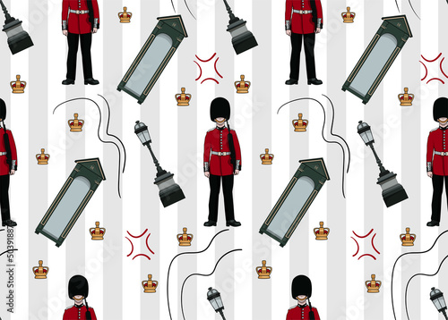 Seamless pattern of British Royal Guardsman at Palace in London in a box.