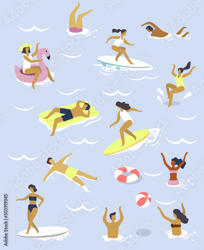 People relaxing in sea or swimming pool. Vacation character set