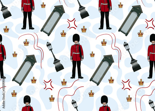 Seamless pattern of British Royal Guardsman at Palace in London in a box.