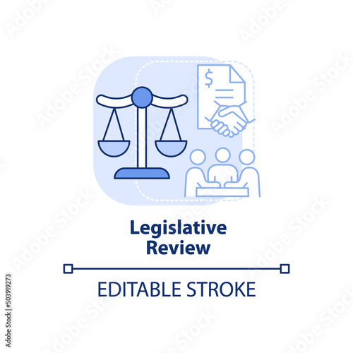 Legislative review light blue concept icon. Public hearings. Budgeting process abstract idea thin line illustration. Isolated outline drawing. Editable stroke. Arial, Myriad Pro-Bold fonts used