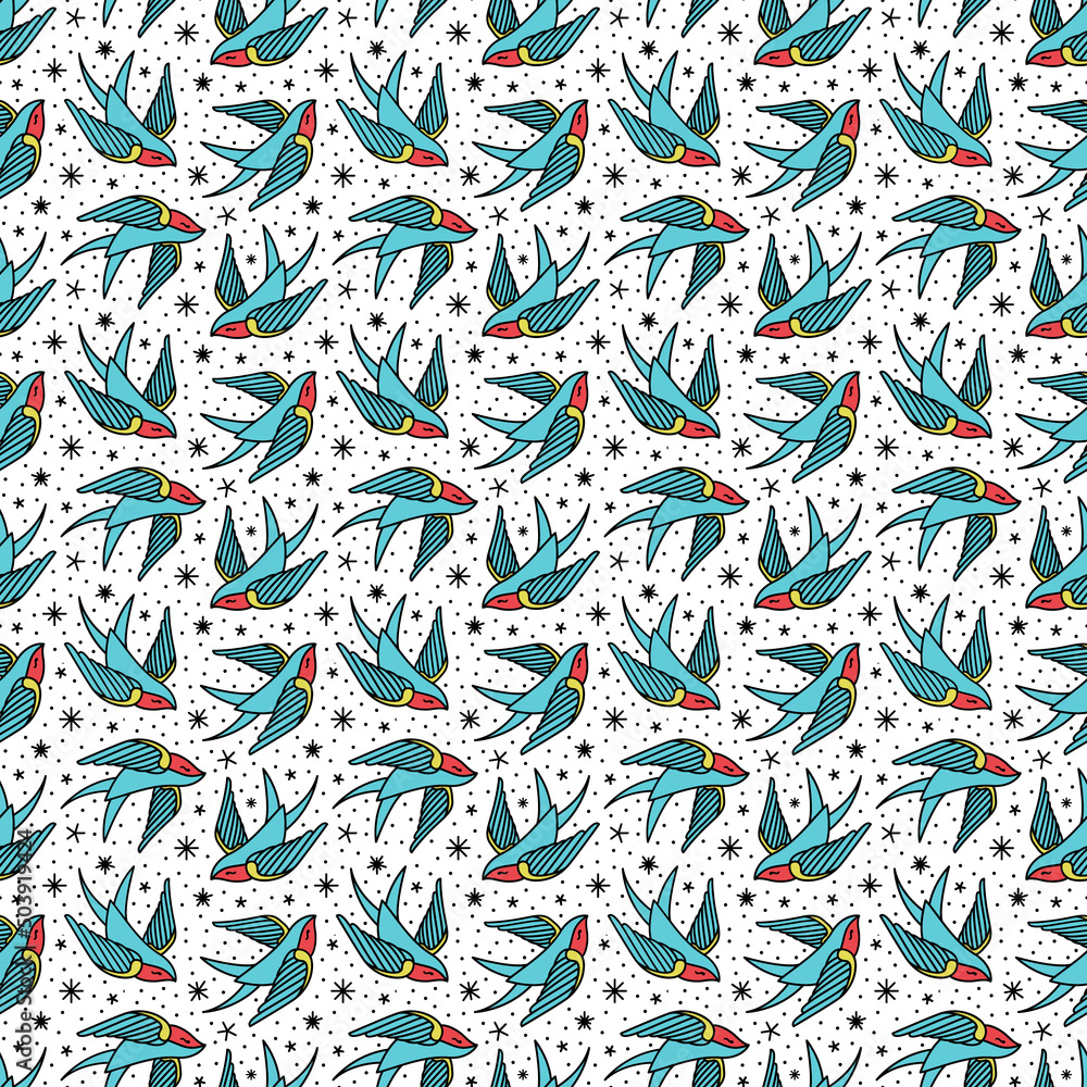 seamless pattern with swallows in the style of an old-school tattoo. Vector illustration seamless pattern with swallows in the style of an old-school tattoo. Vector illustration
