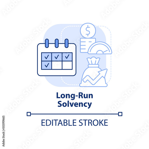 Long run solvency light blue concept icon. Assets and liabilities. Budget balance abstract idea thin line illustration. Isolated outline drawing. Editable stroke. Arial, Myriad Pro-Bold fonts used