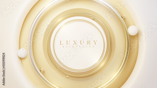 Luxury background with gold circle frame element and 3d ball decoration and glitter light effect.