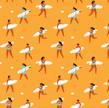 Woman with Surfboards on beach pattern.