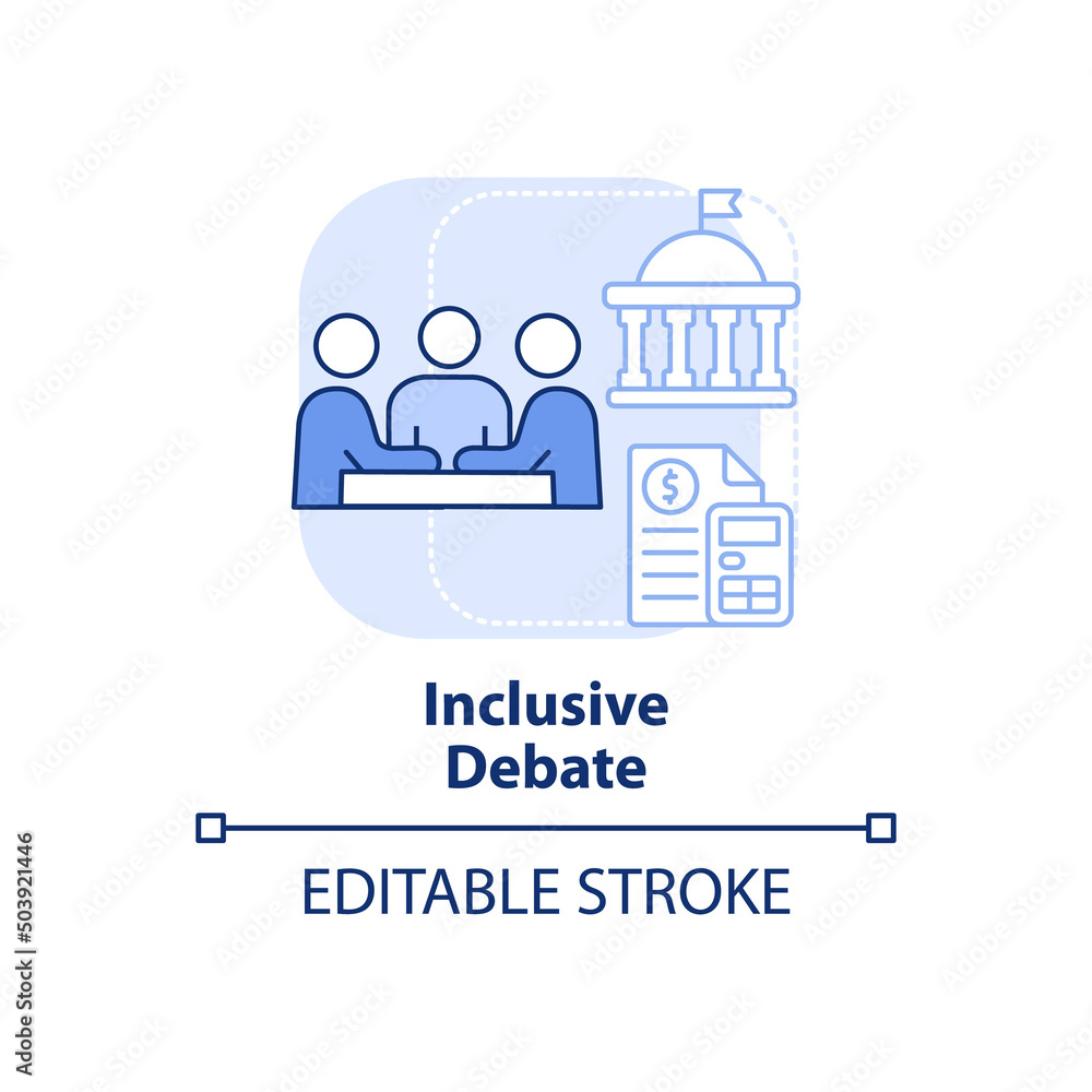 Inclusive debate light blue concept icon. Active discussion. Budget planning abstract idea thin line illustration. Isolated outline drawing. Editable stroke. Arial, Myriad Pro-Bold fonts used