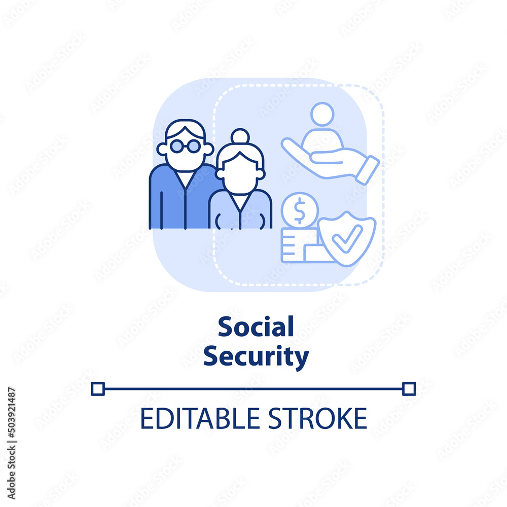 Social security light blue concept icon. Retirement income, insurance. Expenditures abstract idea thin line illustration. Isolated outline drawing. Editable stroke. Arial, Myriad Pro-Bold fonts used