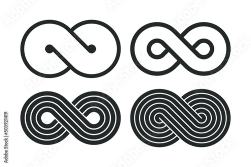 Infinity graphic symbols set. Signs isolated on white background. Graphic design elements. Abstract geometric shapes. Vector illustration