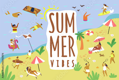 People on beach. Collection persons performing summer outdoor. Cartoon characters