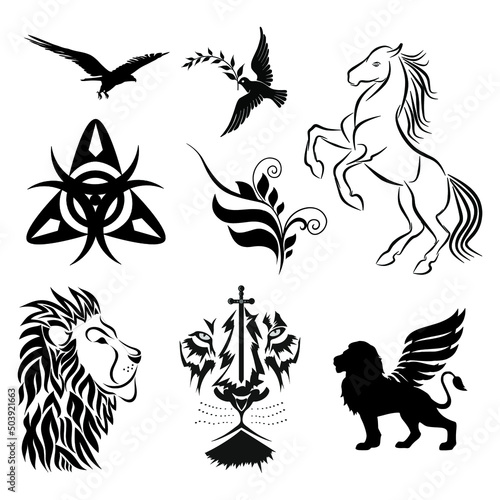tattoo line art eagle horse dove tribal floral lion vector set