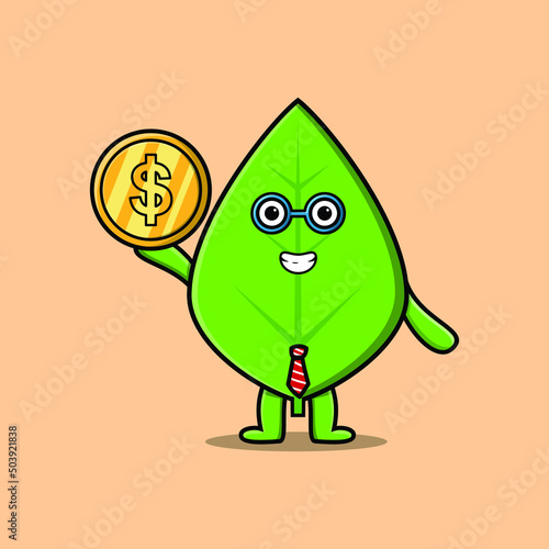 Green leaf successful businessman holding gold coin cartoon vector image 