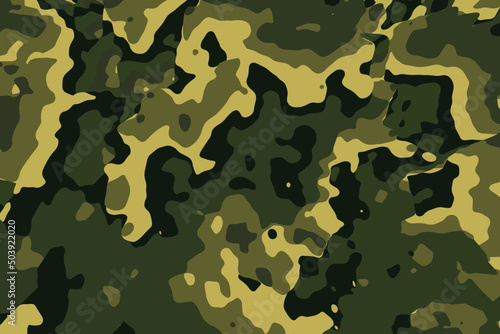Classic camouflage military background. Abstract green camo texture in forest style. Army clothing pattern in khaki colors