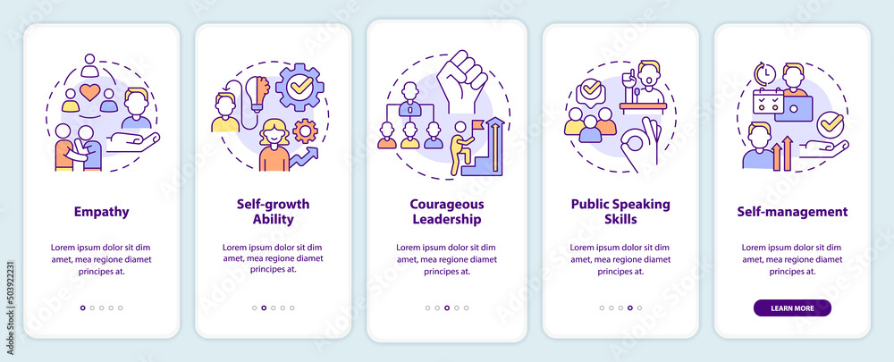 Soft skills for career success onboarding mobile app screen. Empathy walkthrough 5 steps graphic instructions pages with linear concepts. UI, UX, GUI template. Myriad Pro-Bold, Regular fonts used