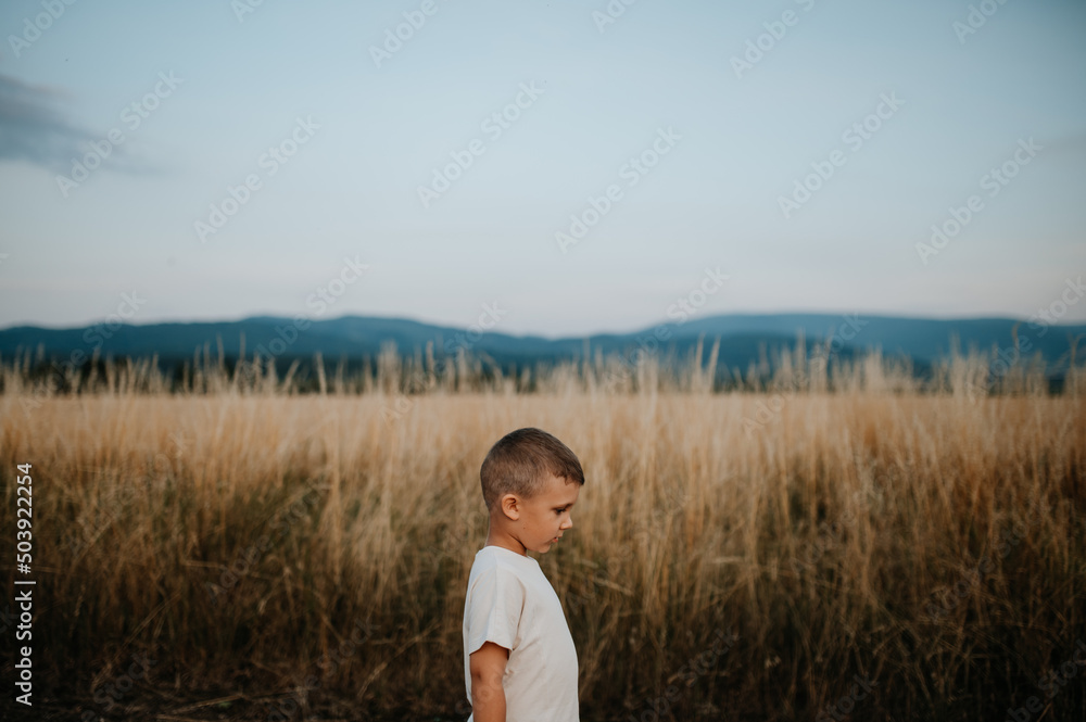 Little boy is standing in the field of wheat in summer Little boy is standing in the field of wheat in summer