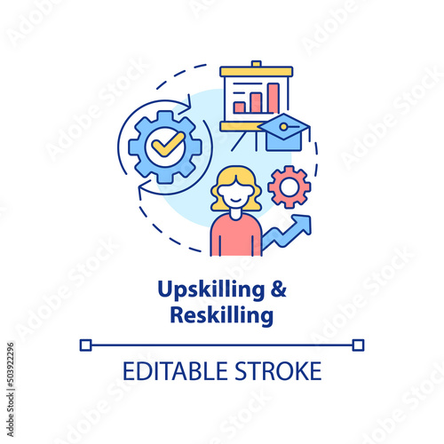 Upskilling and reskilling concept icon. Learning approach abstract idea thin line illustration. Develop new competencies. Isolated outline drawing. Editable stroke. Arial, Myriad Pro-Bold fonts used