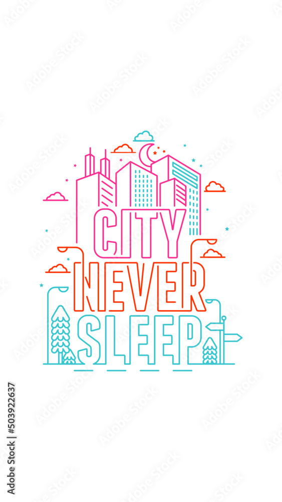 Poster design line art. Typography vector illustration. Cityscape outline.