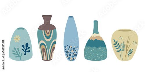 Set of various ceramic vases. Clay pottery in modern scandinavian style, abstract shapes. Home decoration objects. Hand drawn vector illustration isolated on white background in flat cartoon style.