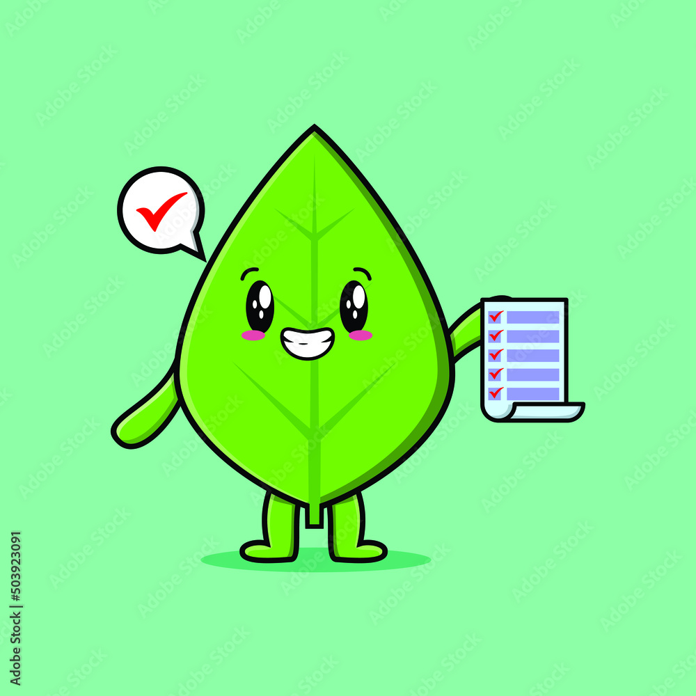 Cute cartoon green leaf character holding checklist note in concept 3d