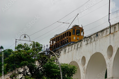 Bondinho Santa Tereza passando sobre os Arcos da Lapa - Santa Tereza cable car passing over the Arcos da Lapa. photo