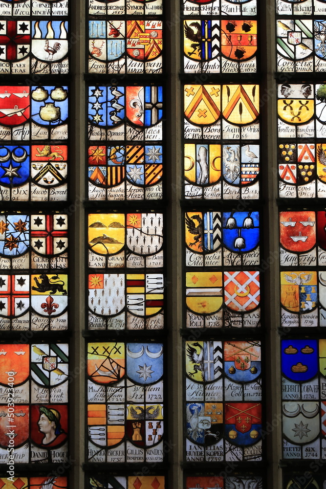 Amsterdam Oude Kerk Church Colorful Stained Glass Window Close Up, Netherlands