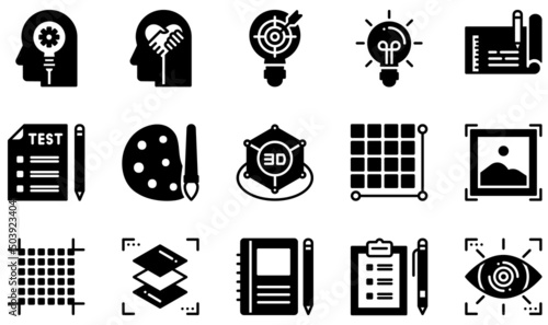 Set of Vector Icons Related to Design Thinking. Contains such Icons as Creative Thinking, Empathise, Prototype, 3D Design, Pixels, Sketchbook and more.