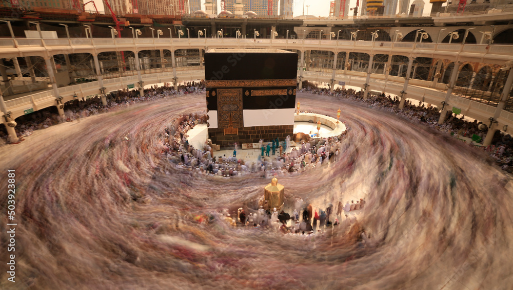 Crowd of people making Tawaf around The Holy Kaaba in Makkah during Umra or Hajj, View from the