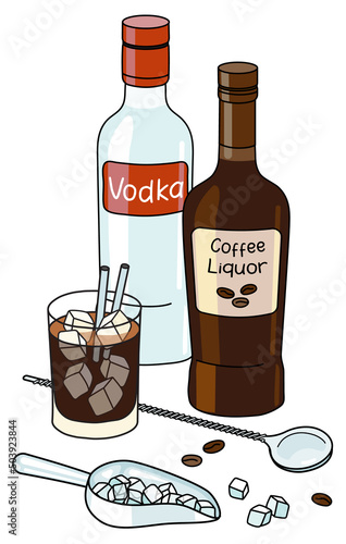 Doodle cartoon Black Russian cocktail and ingredients composition. Bottles of vodka, coffee liqueur and ice scoop. For bar menu, stickers or alcohol cook book recipe.