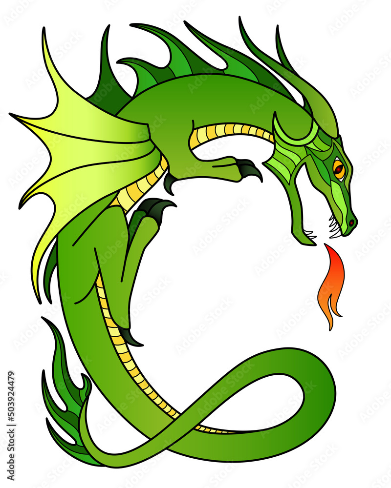 Fototapeta premium Green fire-breathing dragon - vector full color picture with a mythological creature. Dragon curved in the shape of the letter C